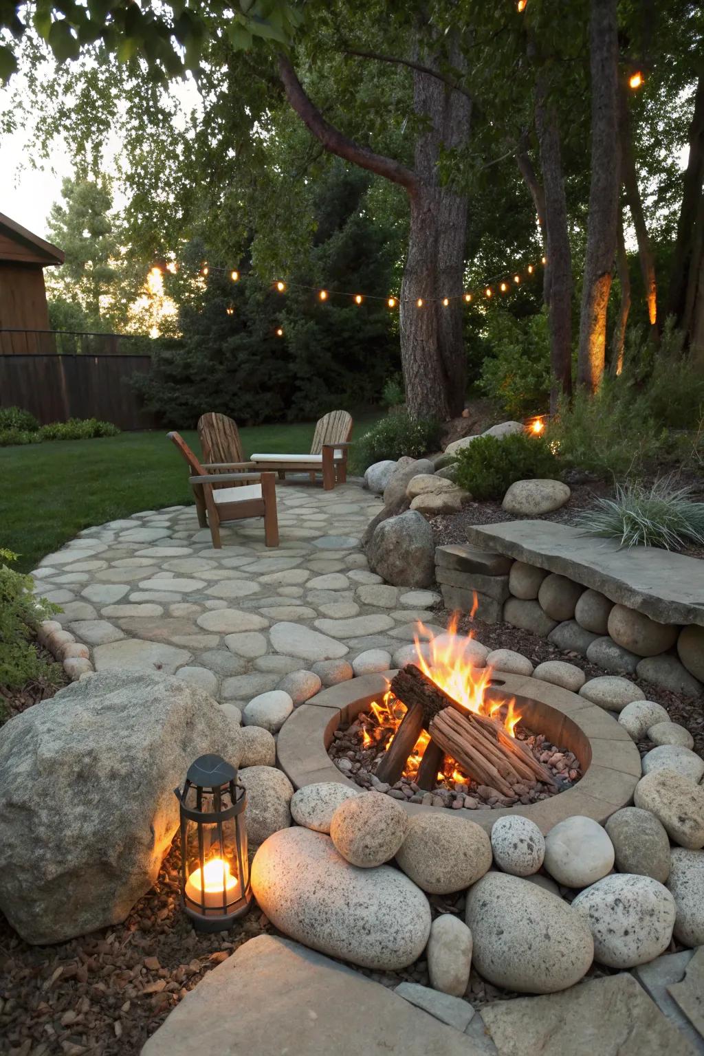 A stone fire pit is great for cozy nights.