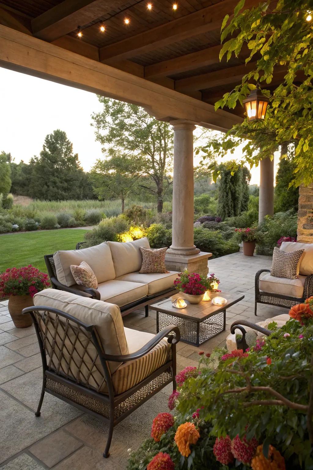 Outside living areas offer relaxation and easy yard upkeep.