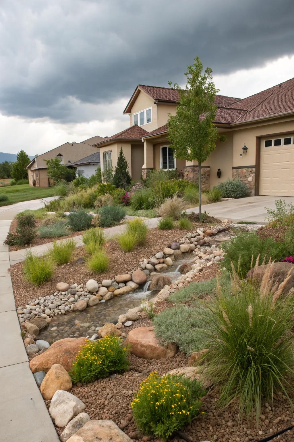 A rain garden efficiently manages stormwater in a xeriscape yard.