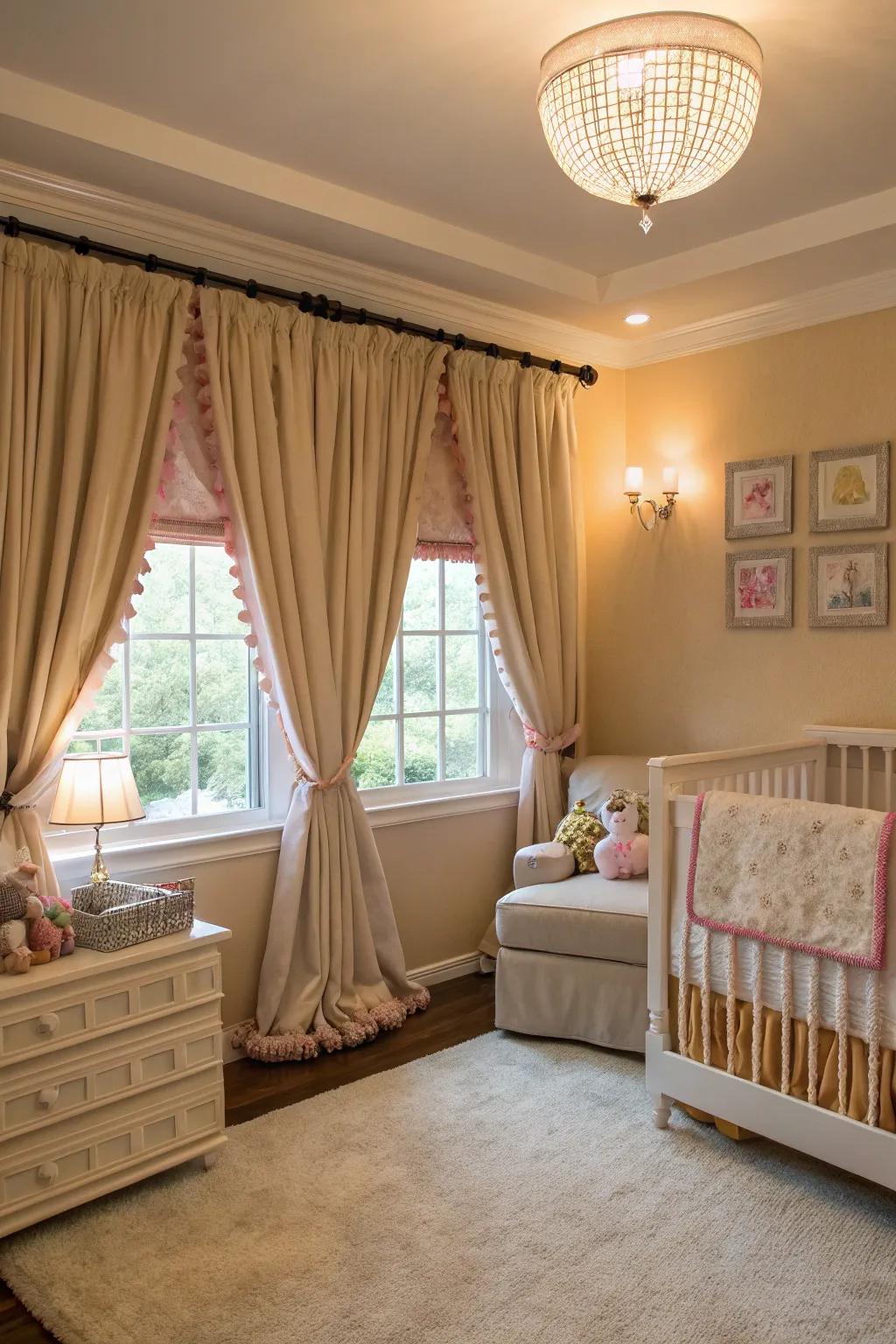 A nursery with luxurious window finishes featuring blackout curtains and ornate tiebacks.