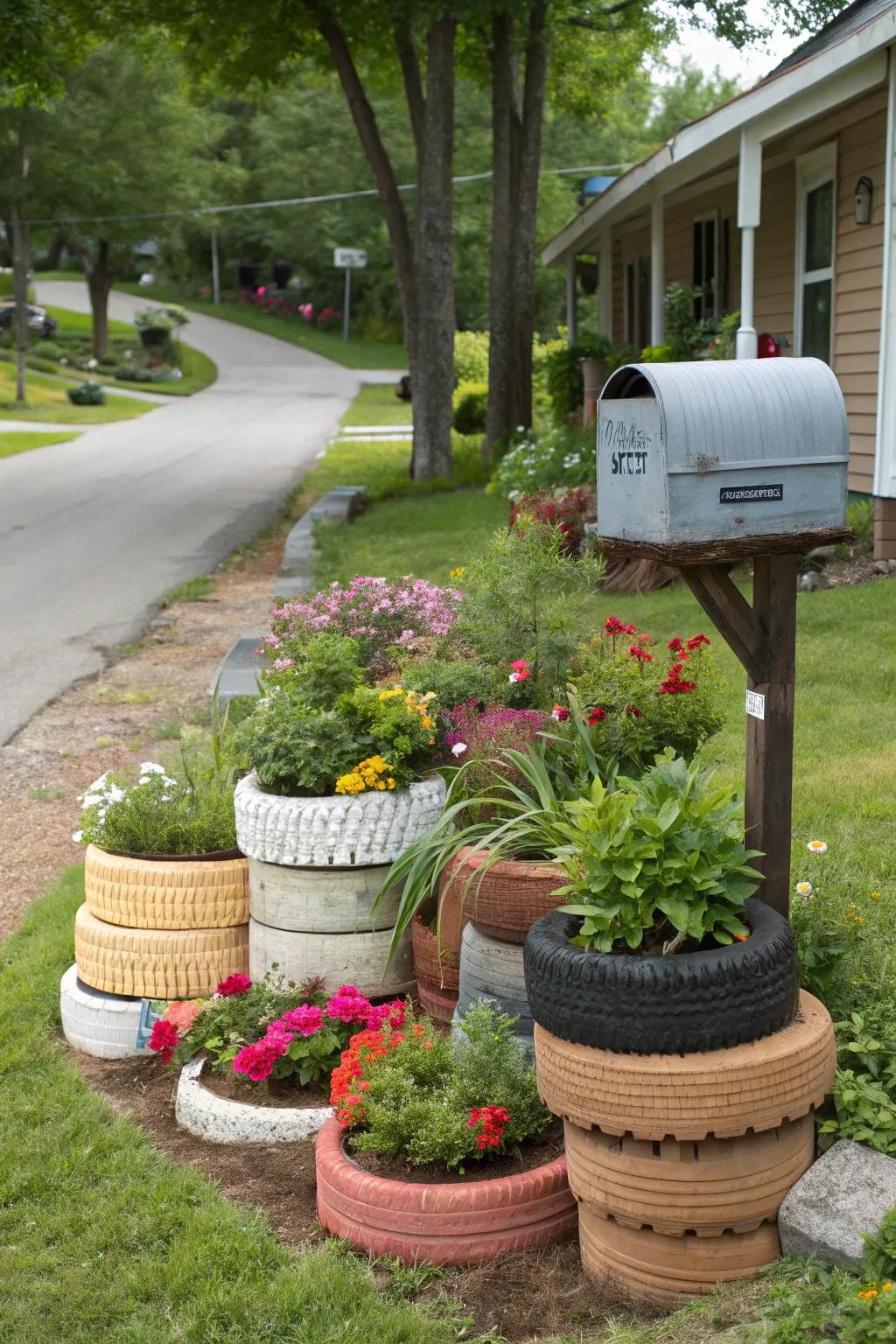 Be eco-friendly by using upcycled materials in your mailbox landscaping.