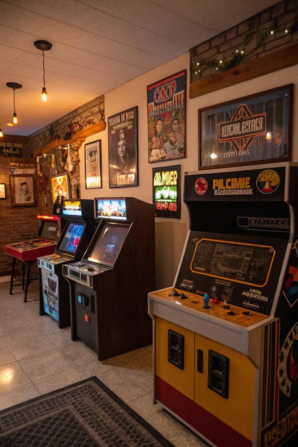 Vintage arcade games bringing nostalgia to a man cave.