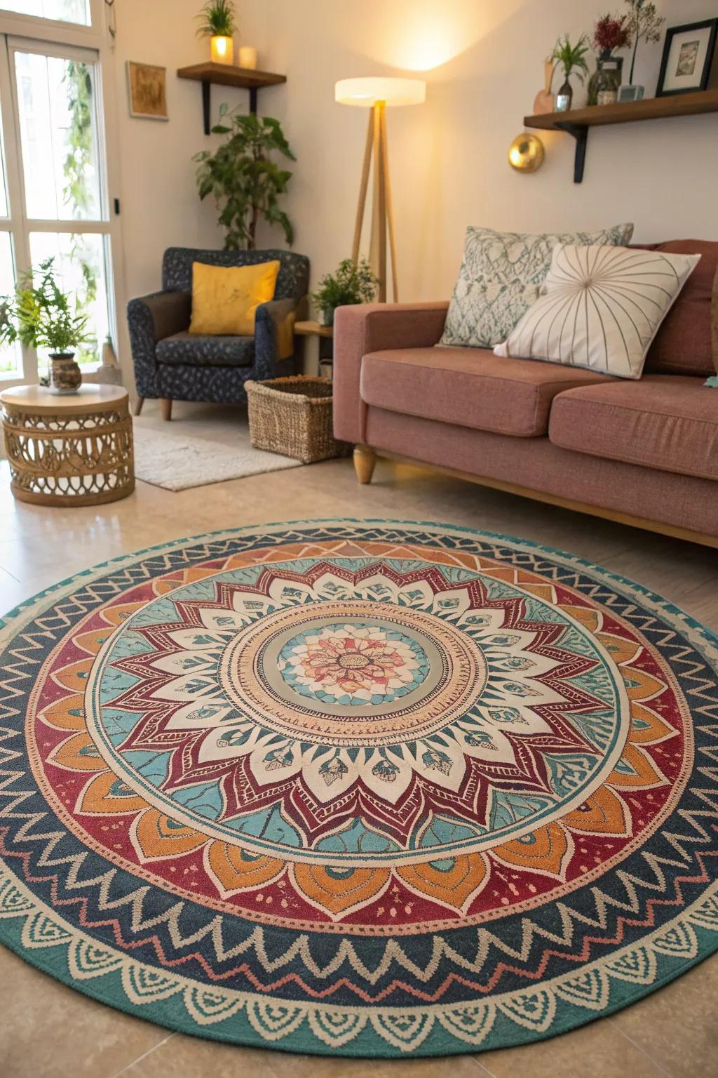 A sacred geometry rug grounding a living space with detailed patterns.