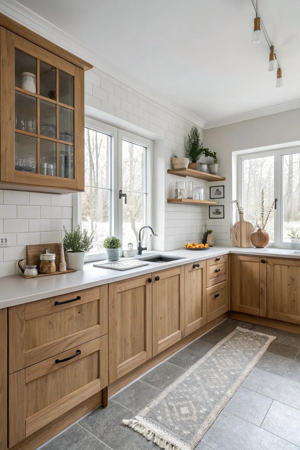 A serene Scandinavian-style cooking space with uncluttered contours and maple cabinets.