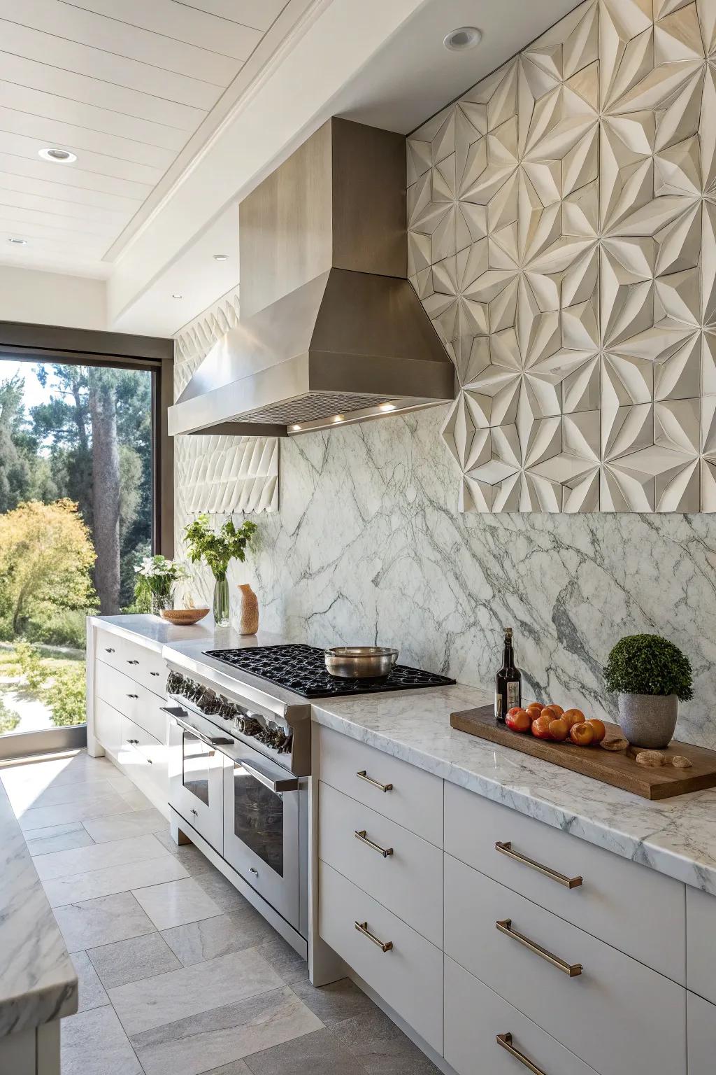 A gallery-like kitchen with a sculptural marble tile backsplash.