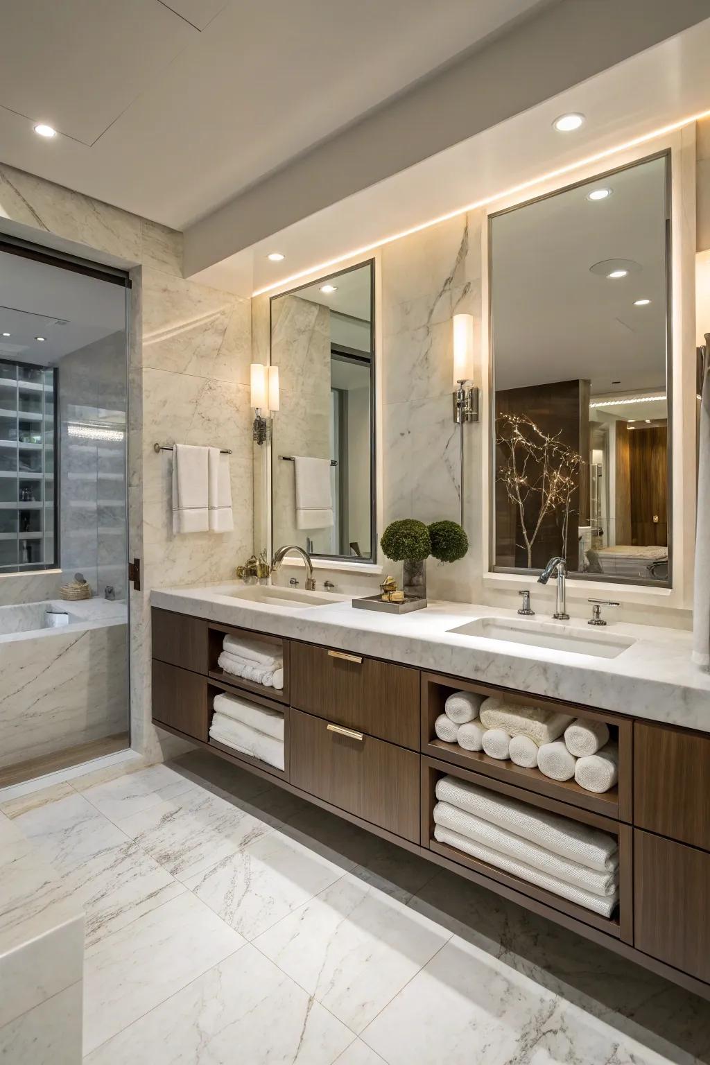 The floating vanity adds a modern touch, enhancing the spacious feel of this bathroom.