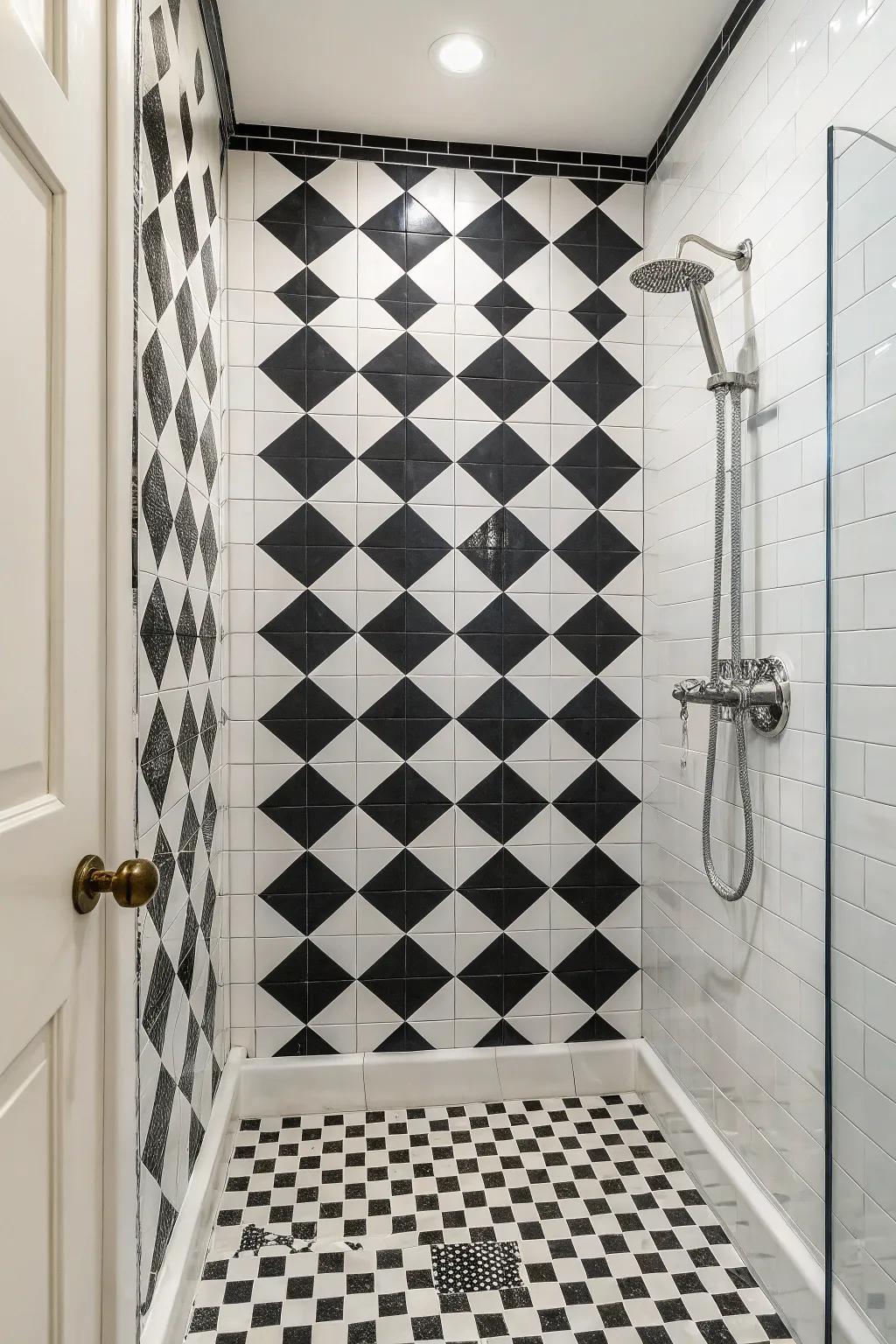 A shower styled with iconic checkerboard patterned pavers, encouraging a playful, spirited visage.