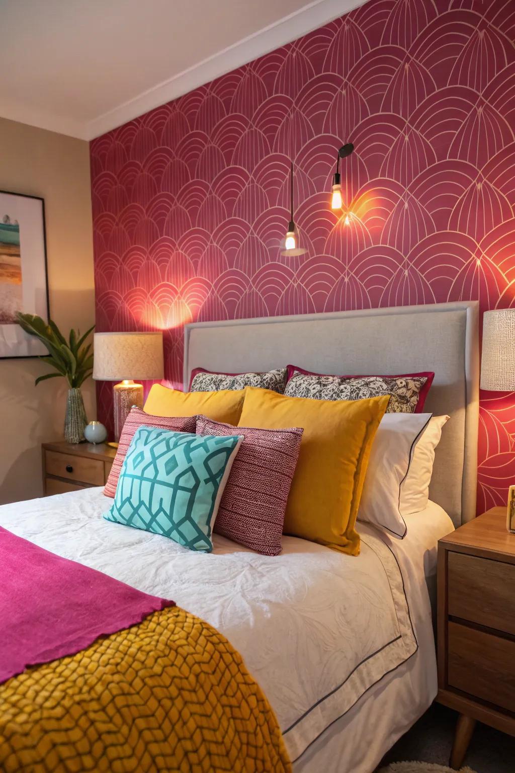 A bedroom featuring vibrant accent hues in cushions and wall décor.