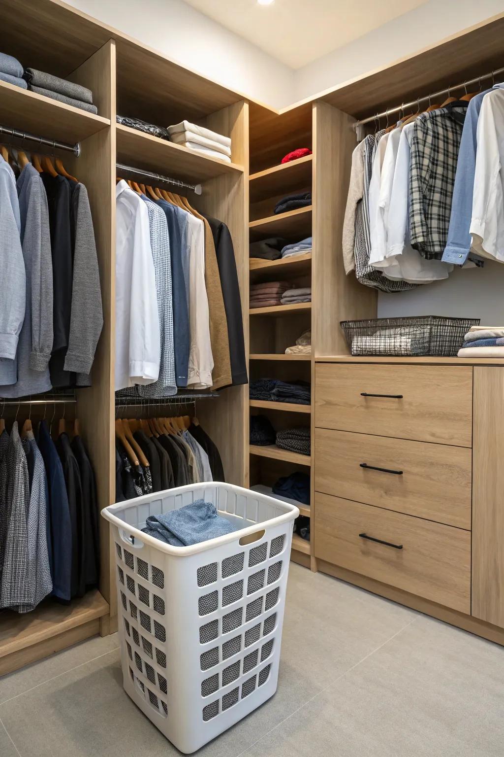 A built-in hamper that keeps the closet neat and organized.