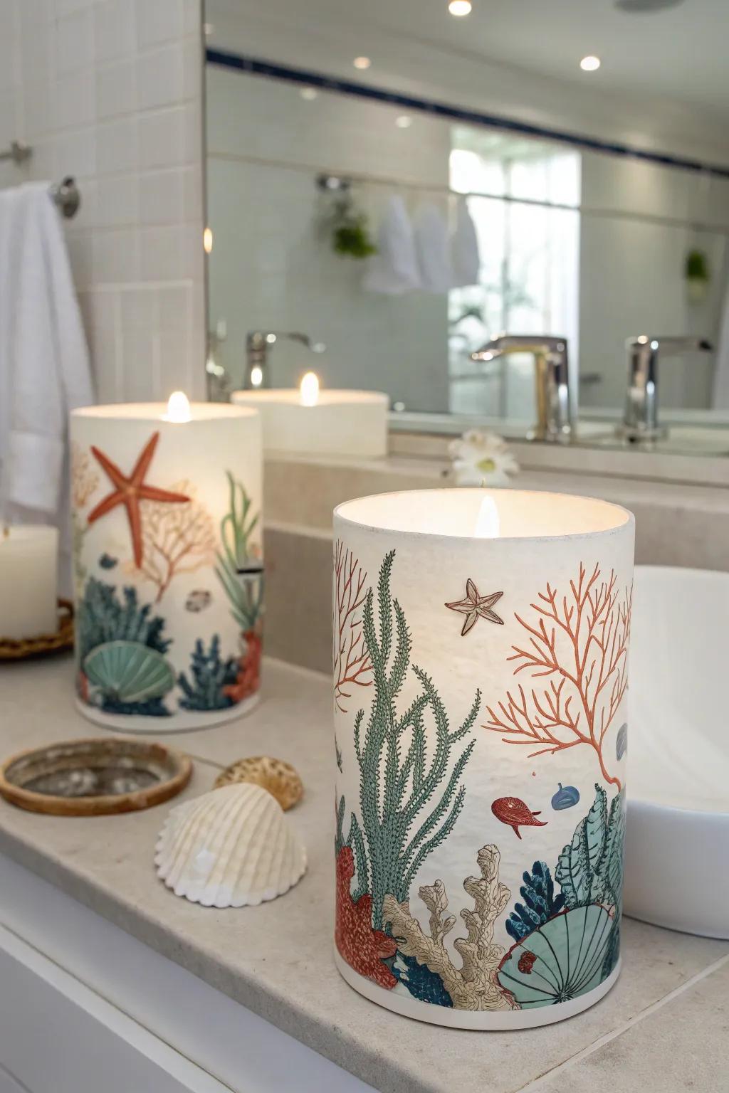 Under-the-sea candle stands provide a calming glow to the area.