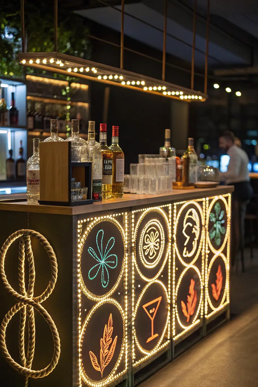 Rope lighting adds creative flair to the mini bar.