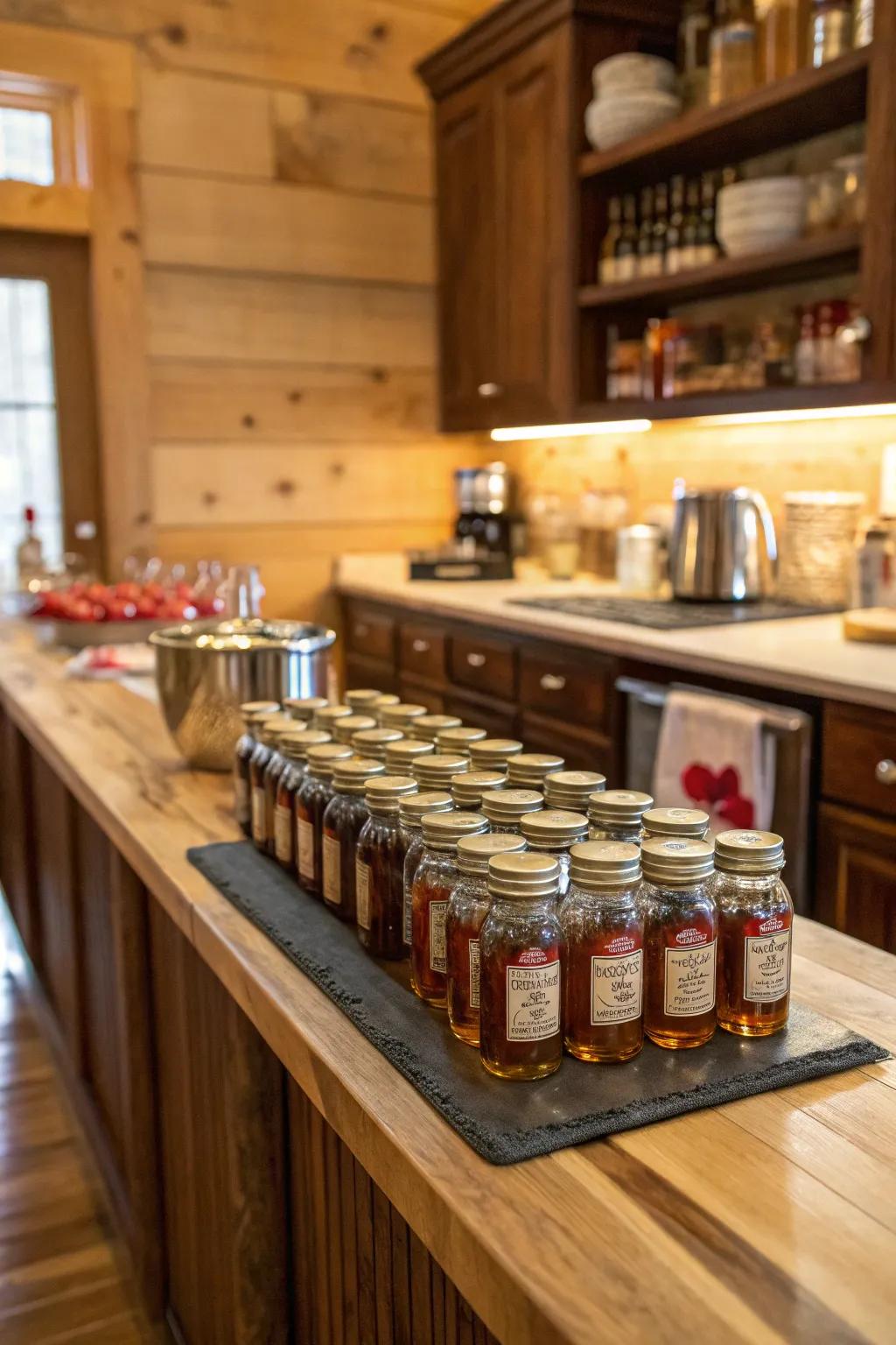 Mason containers providing a whimsical presentation for miniature spirit bottles.