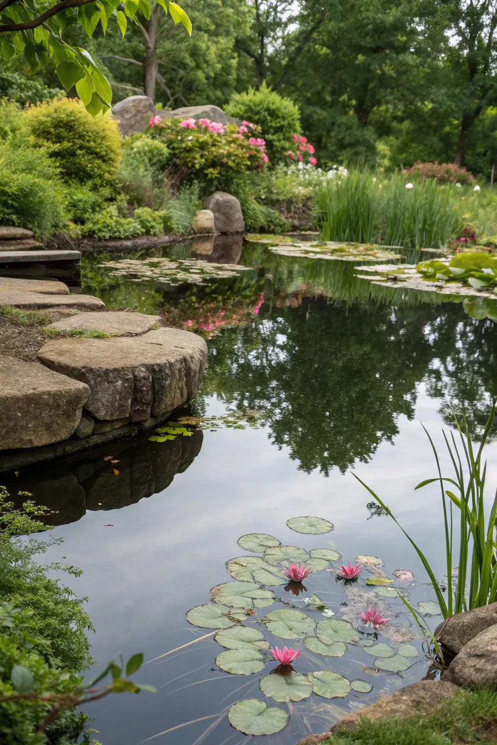 A mirror at the bottom of a mini pond makes beautiful reflections.