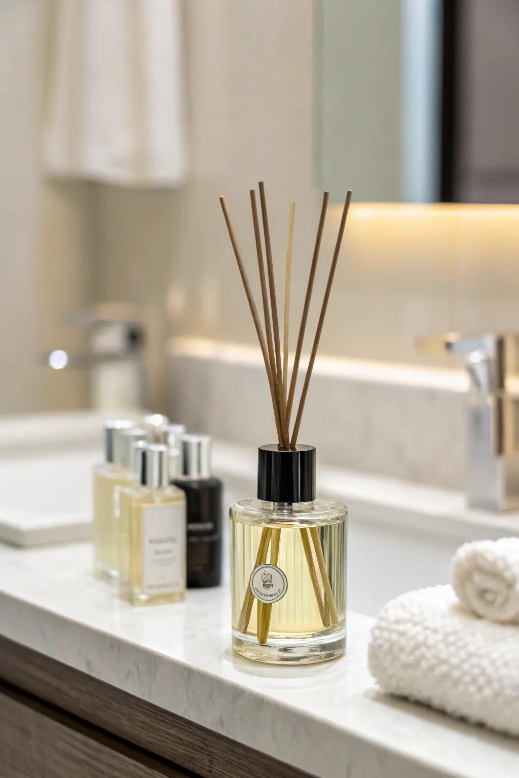 A scent disperser appends fragrance and style to the bathroom.
