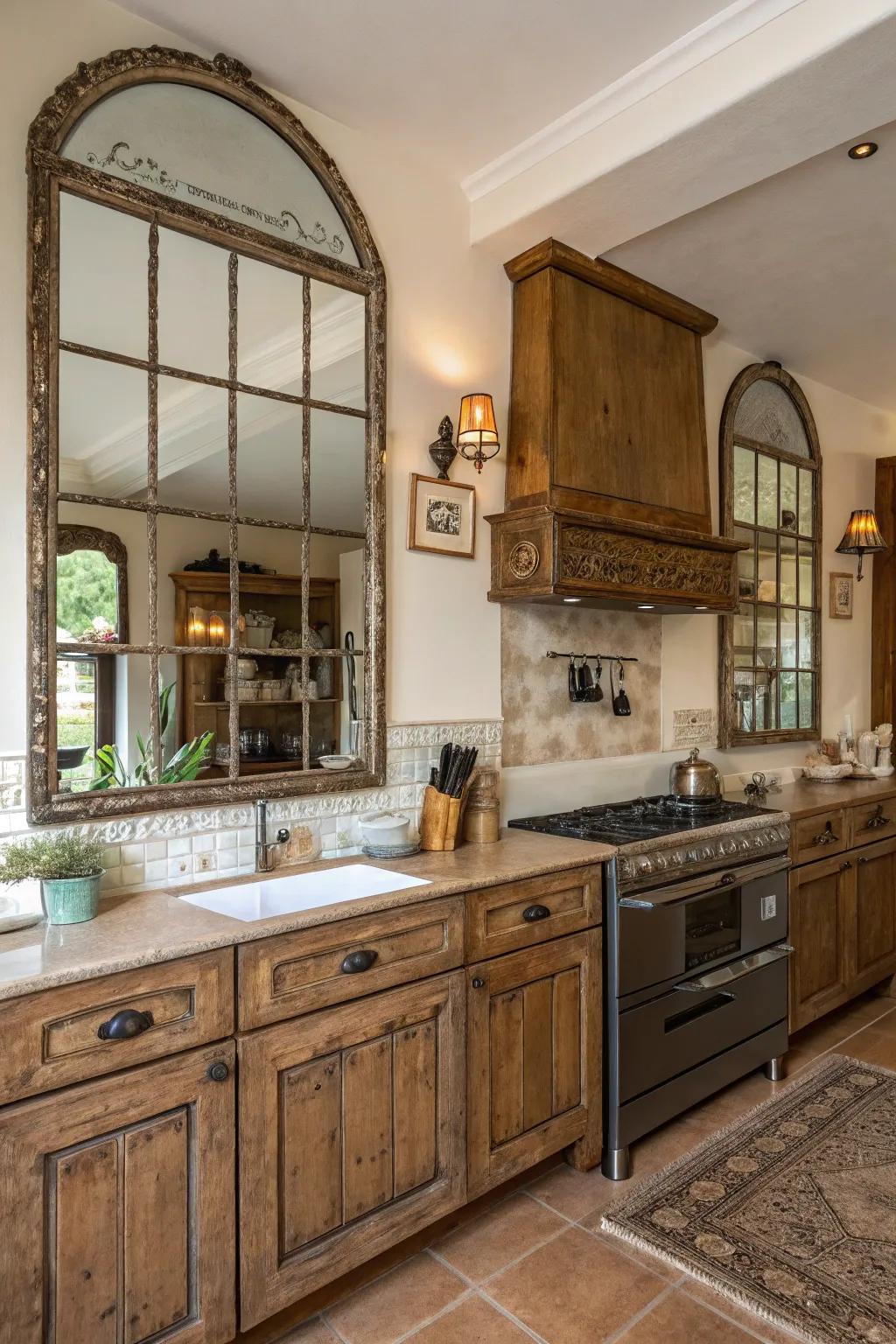Mirrors displaying patina finishes to impart charm and warmth to the kitchen.