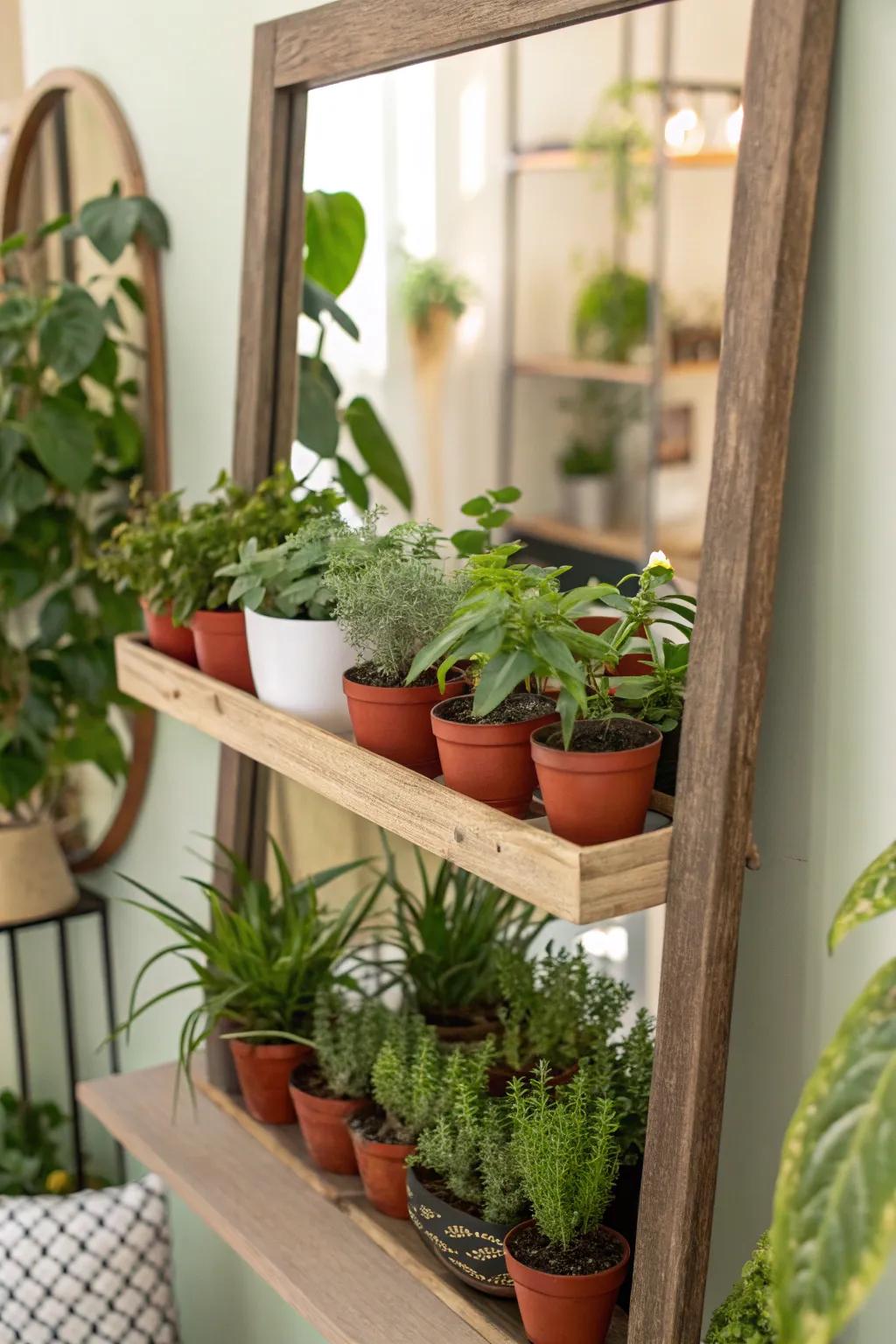 An inventive reflector that has a plant shelf to introduce natural elements inside the household.
