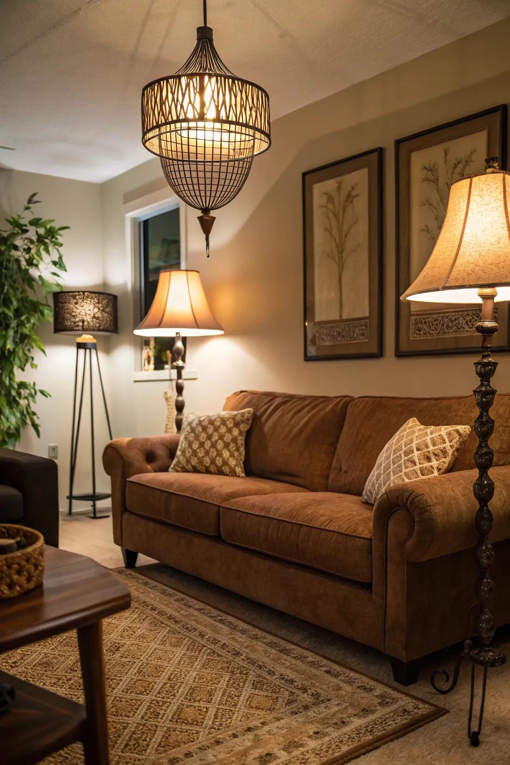 Layered illumination introduces adaptability and mood-setting alternatives around the chocolate sofa.