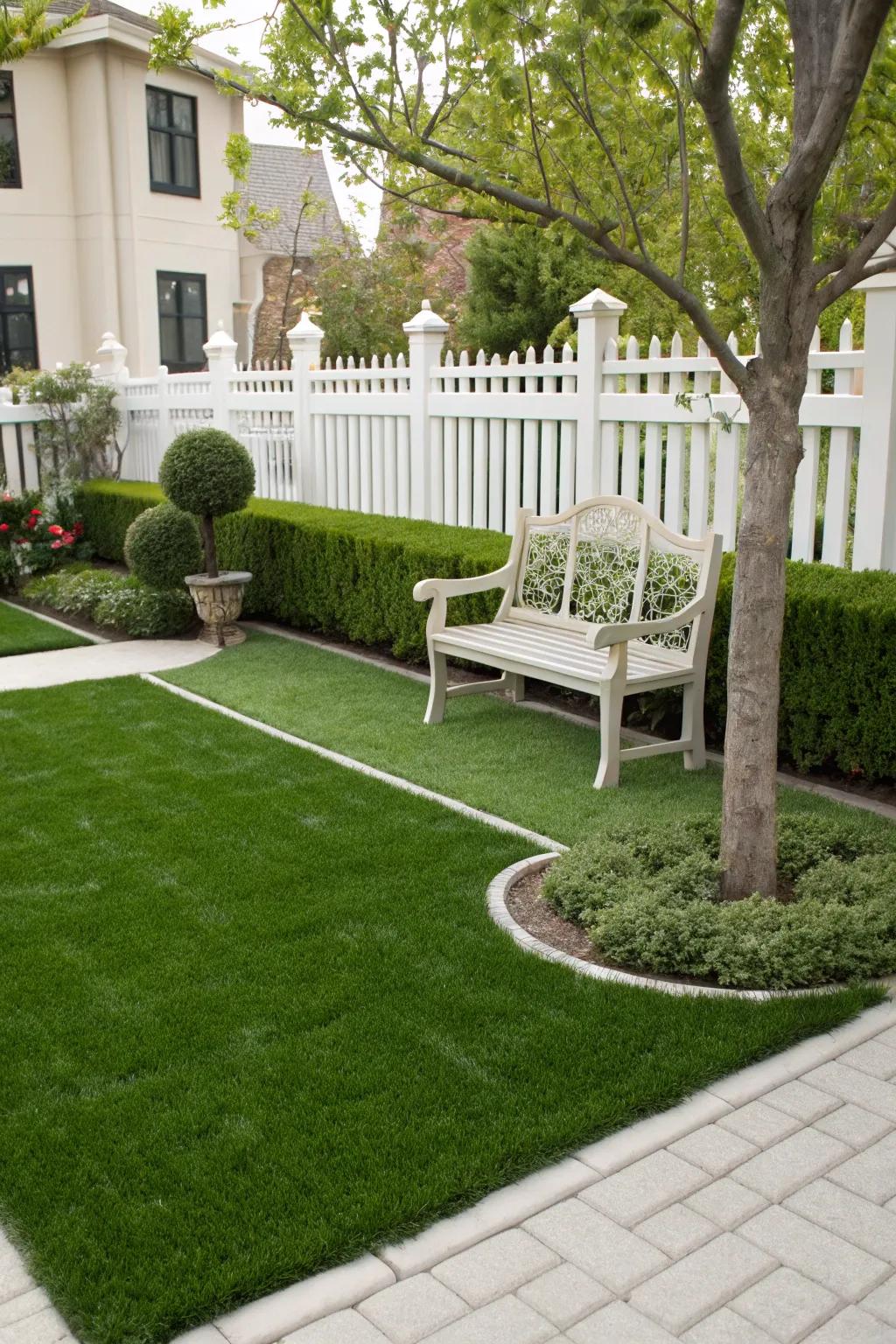 A charming seat invites relaxation on the artificial lawn.