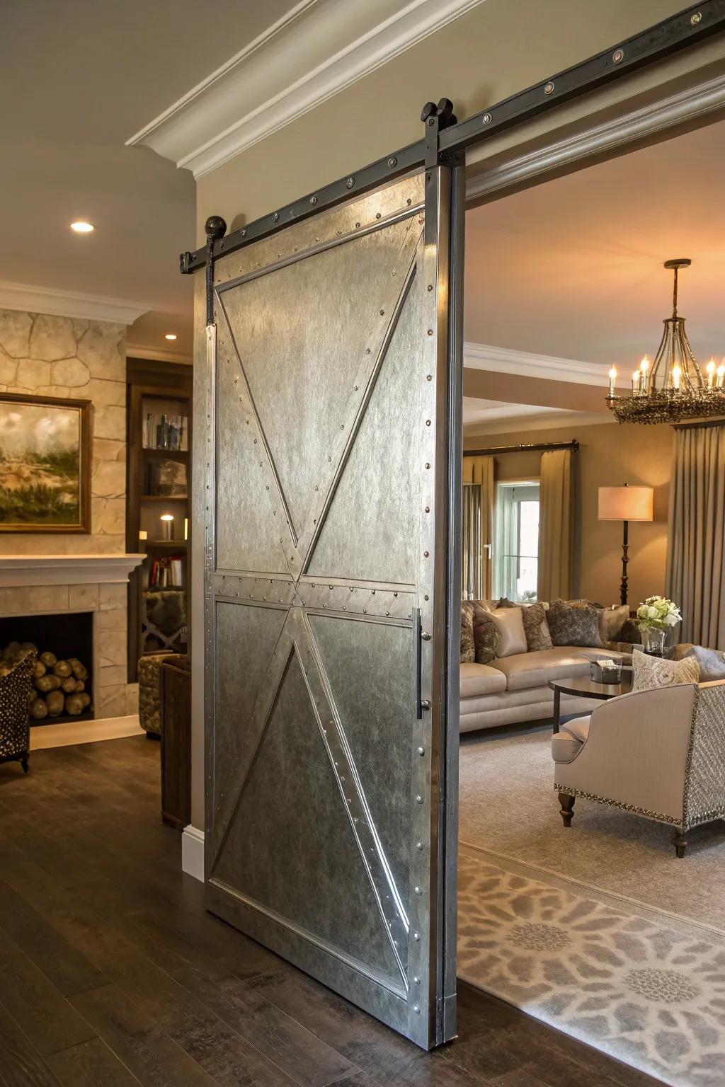 Metallic finishes bring a sophisticated, glamorous touch to barn doors.