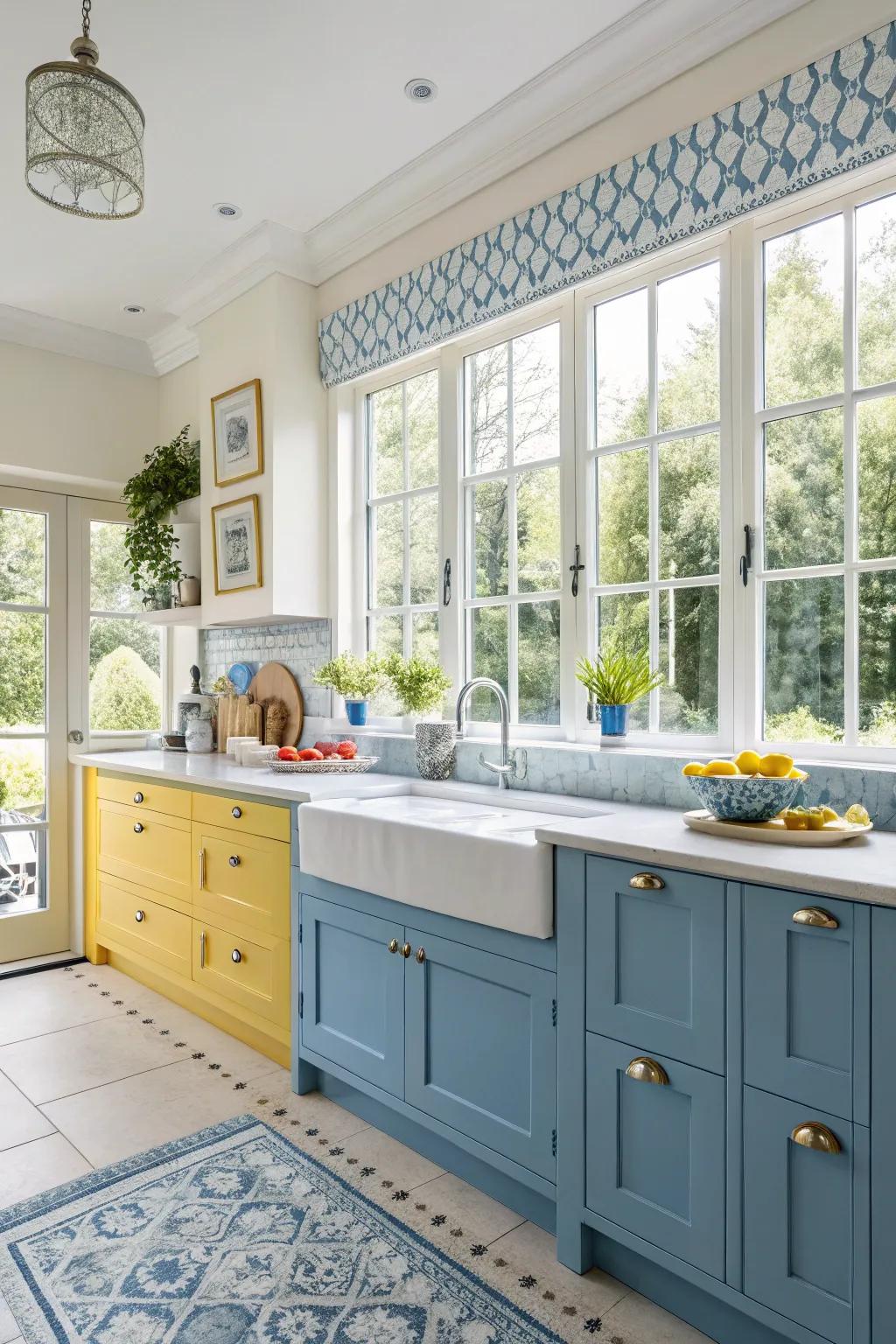 Inherent illumination enhances the vibrancy of the kitchen's color scheme.