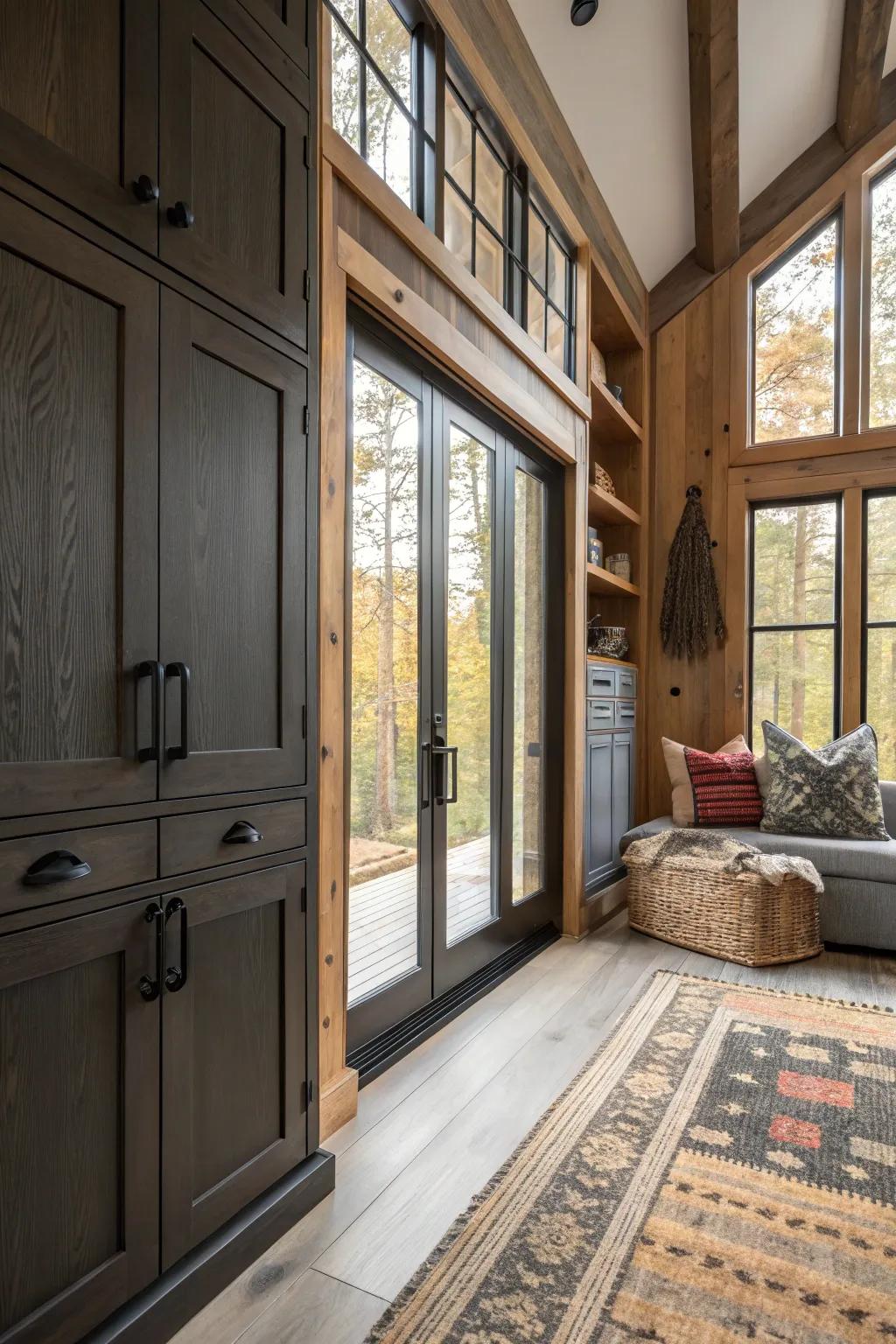 Black iron hardware adds a sleek modern touch to cabin interiors.