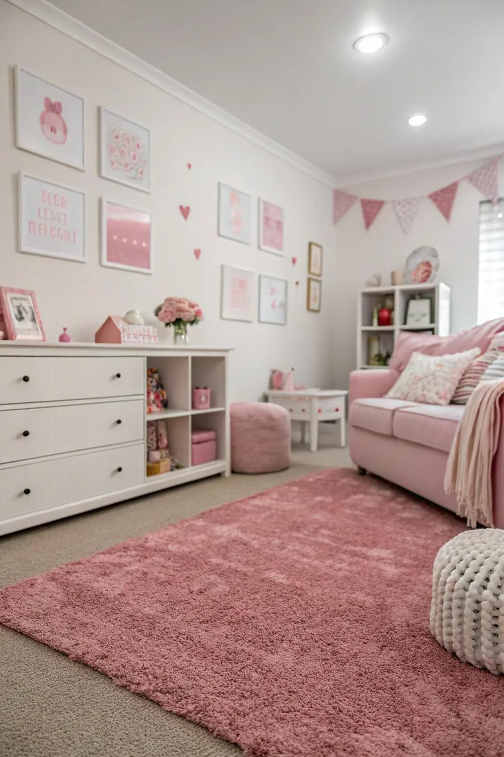 A room immersed in a single color theme, including the carpet, for a unified aesthetic.