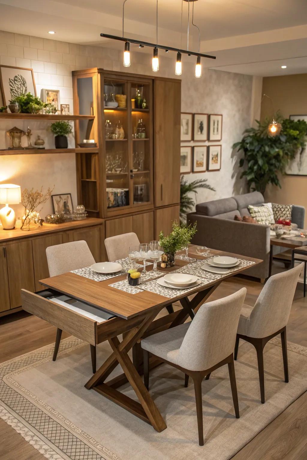 Multifunctional furniture maximizes space and utility in the dining area.