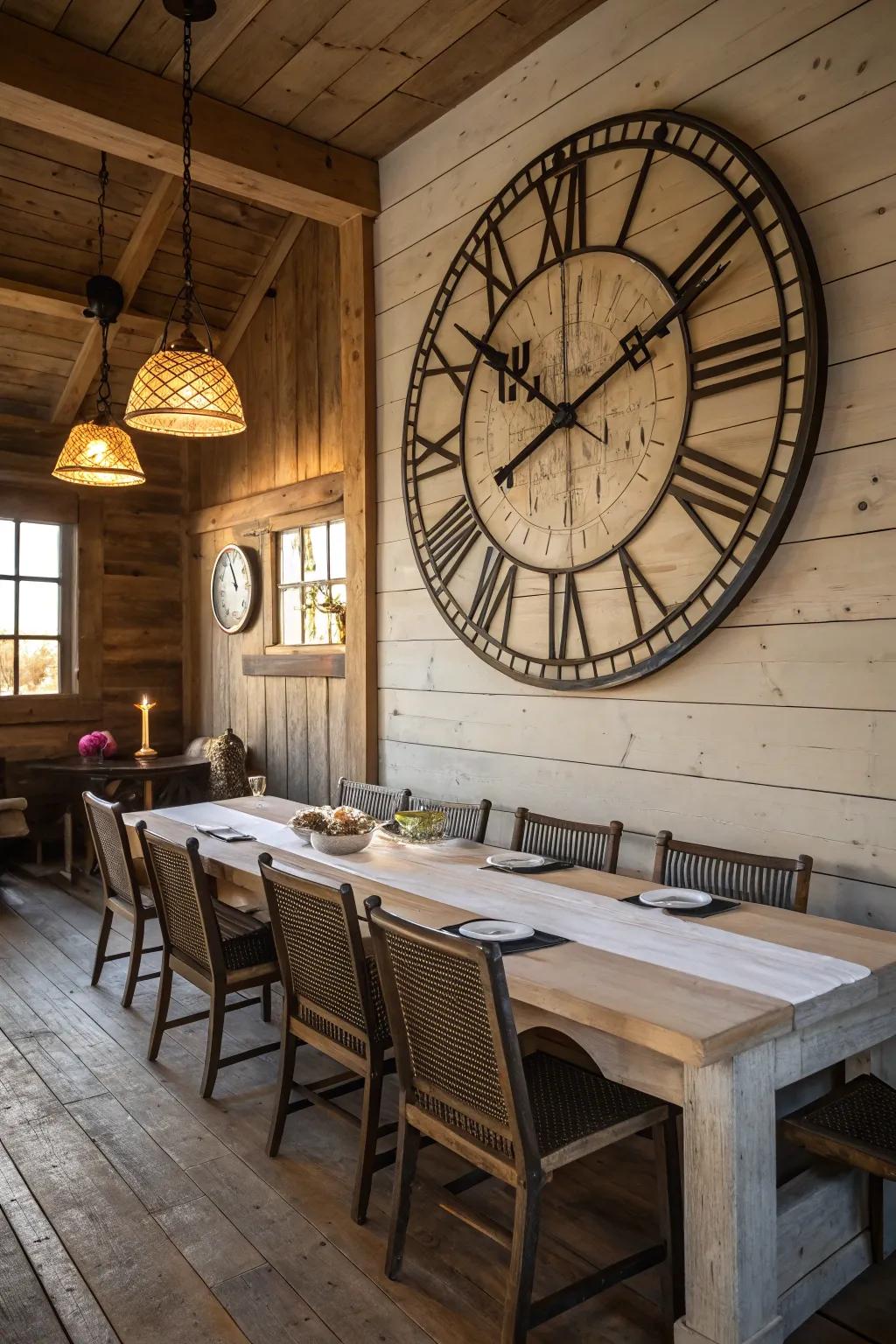 A large wall clock adds retro charm and functionality.