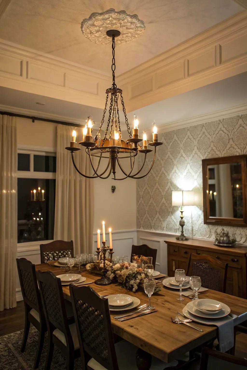 Candle-style chandeliers add a classic touch.