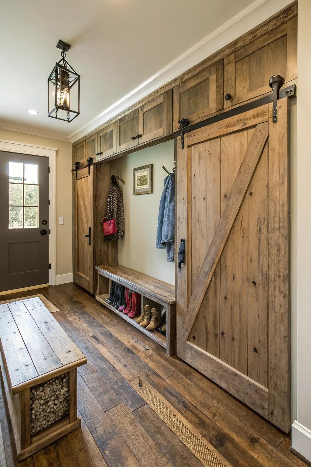 Practical mudroom featuring elegant rolling barn doors.