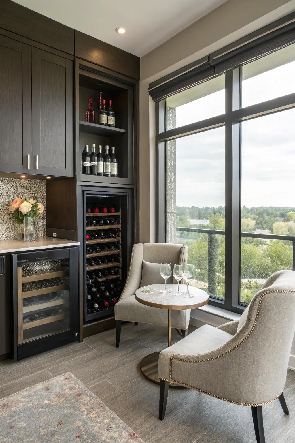 A chic wine tasting nook inside a flex room.