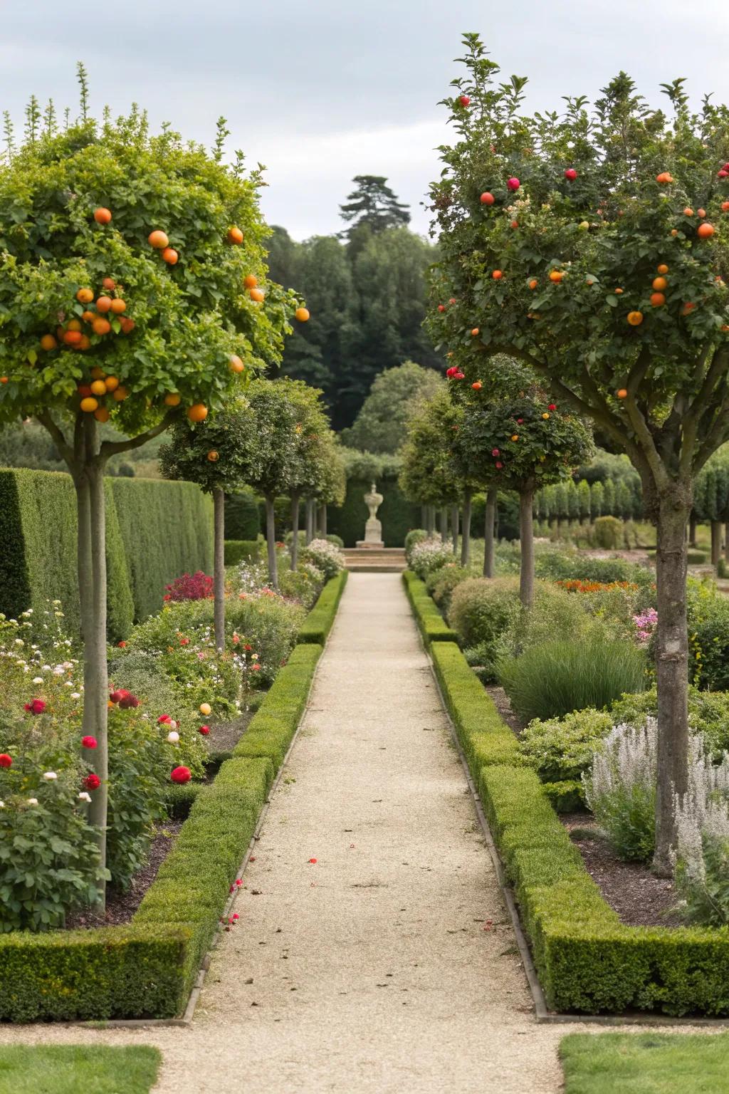 Fruit trees add both beauty and utility to formal gardens.