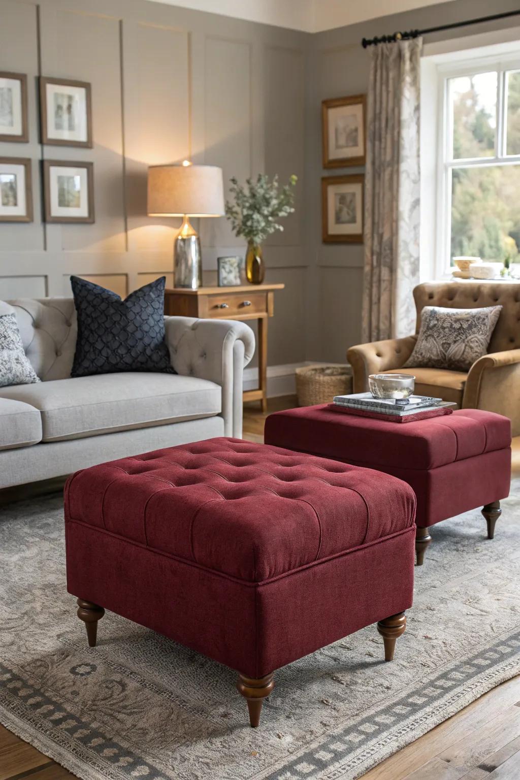 Living area featuring crimson upholstered stools and neutral decor.