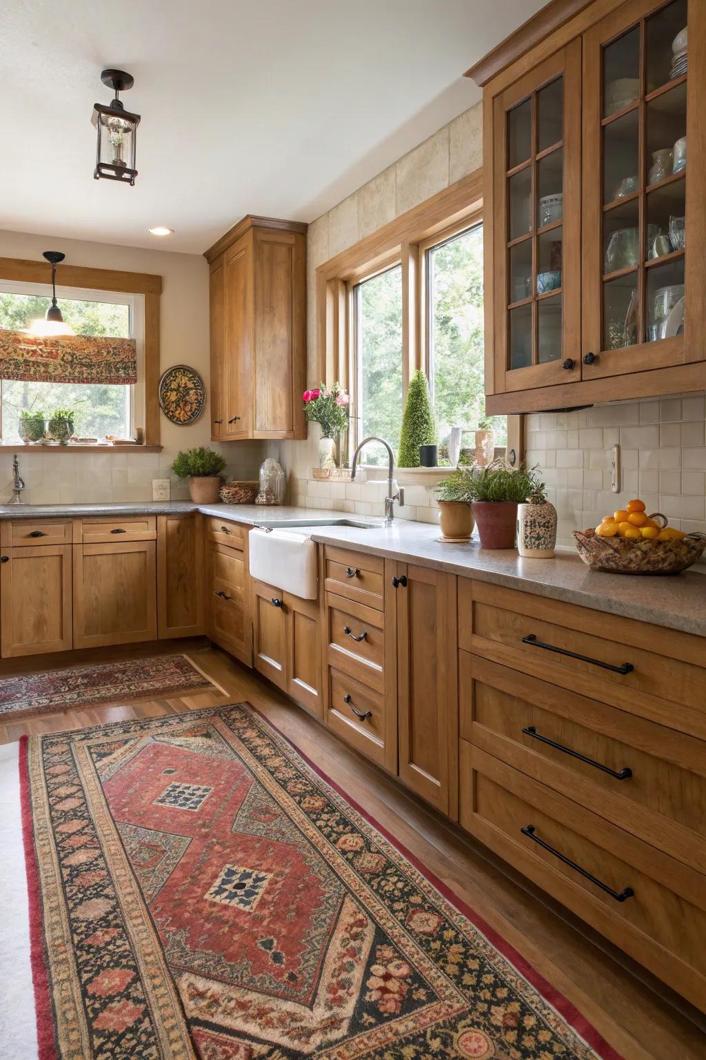 An assorted rug introduces character and warmth to kitchens featuring oak.