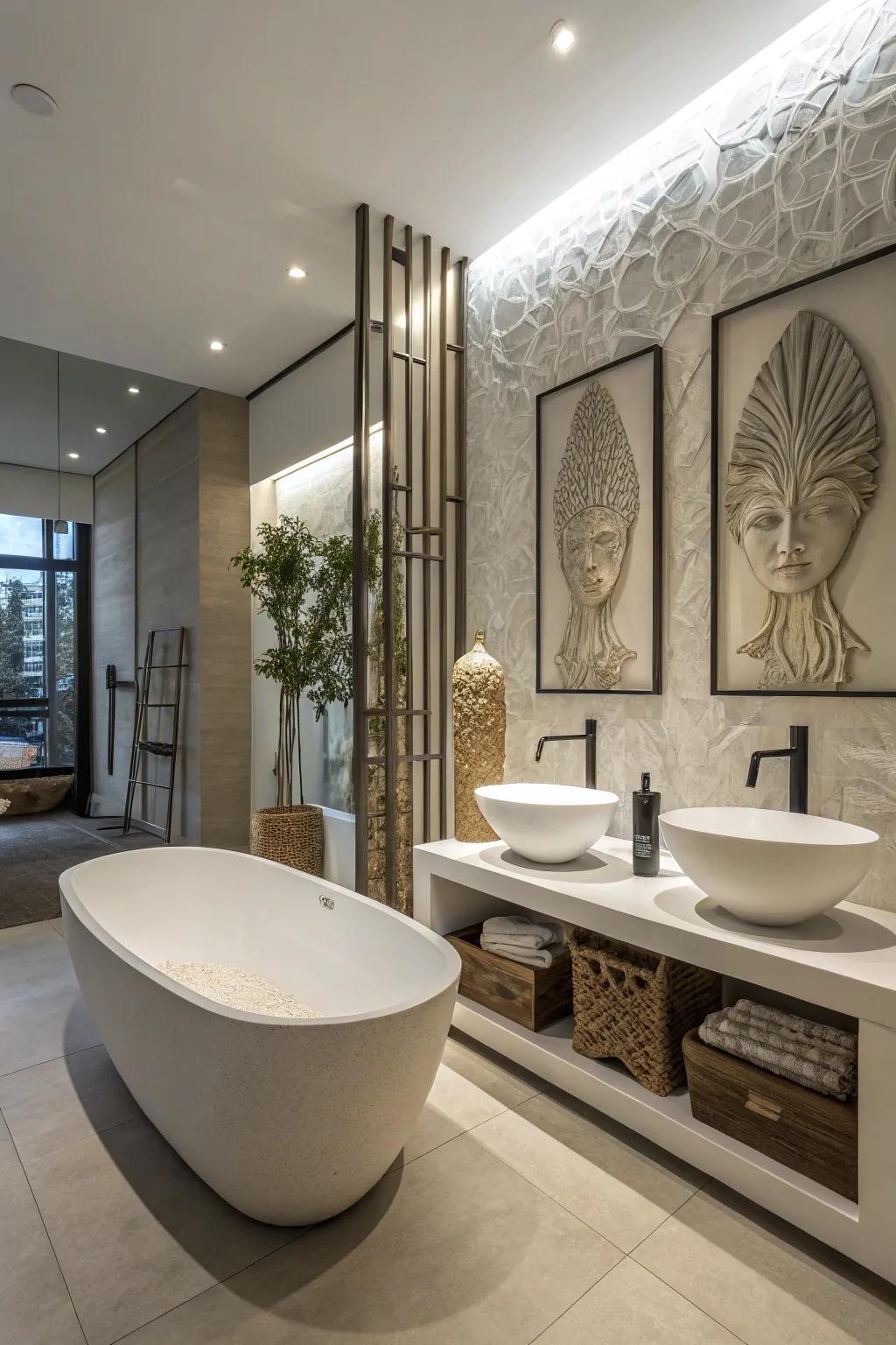 Sculptural fixtures add a unique and artistic element to this bathroom.