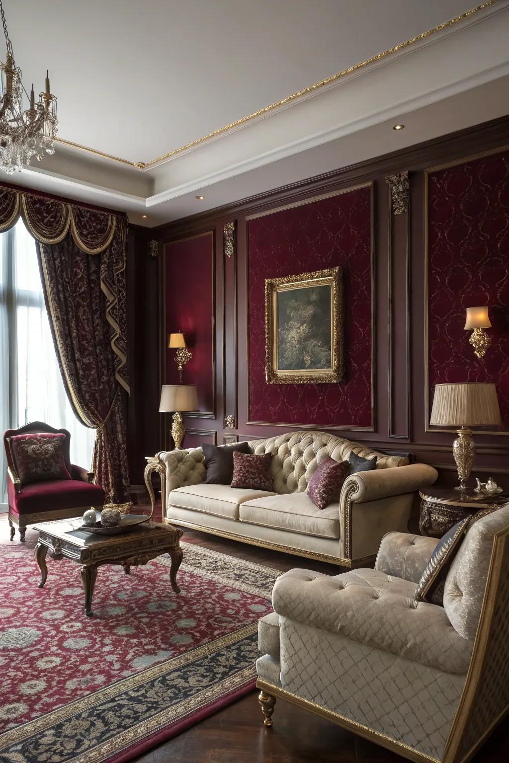 Crimson walls bring a dramatic and sophisticated flair to this living room.