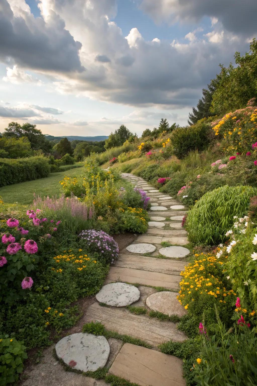 A garden path featuring creatively arranged stepping stones for playful charm.