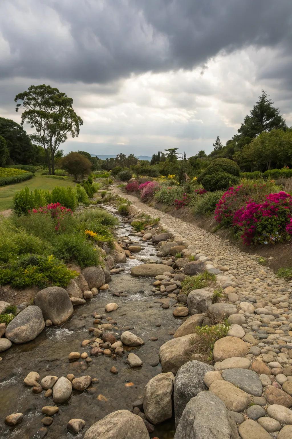 A dry streambed introduces a flowing, organic element to your garden.