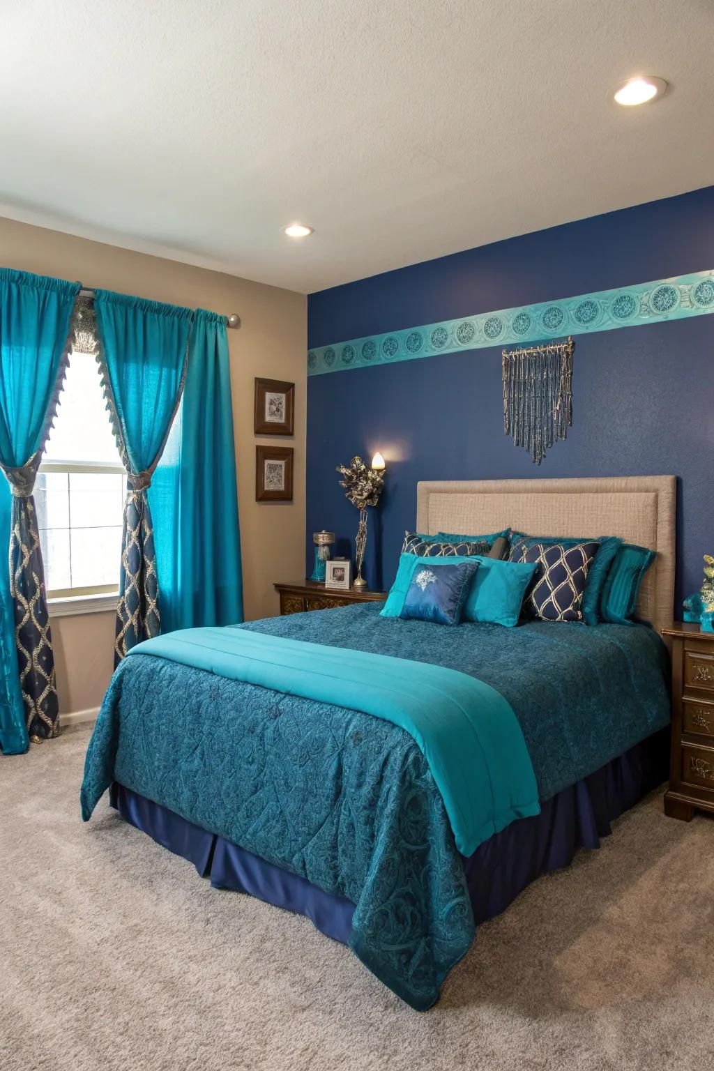 Teal accents add a vibrant twist to the blue-themed bedroom.