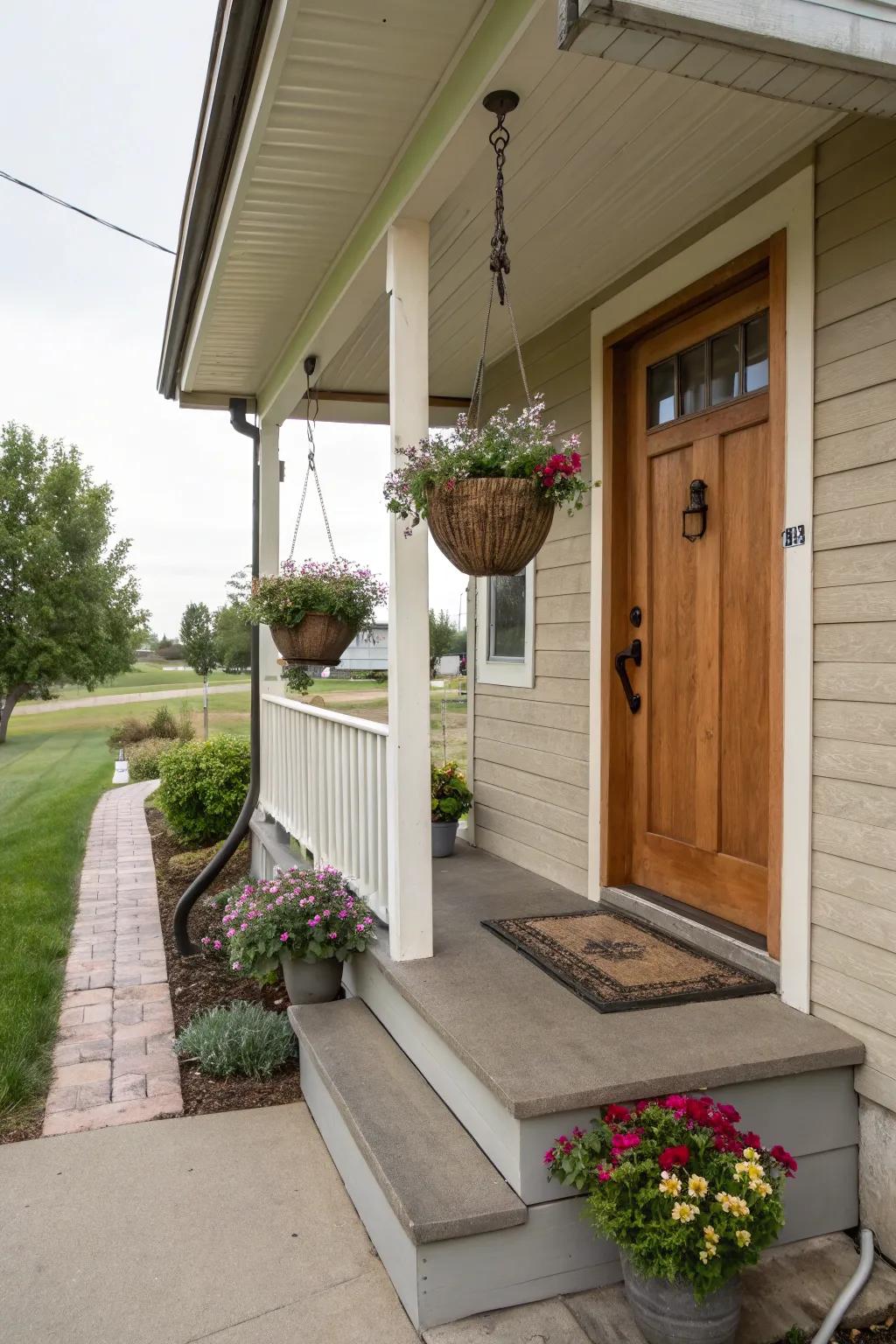 A petite front porch with abundant hanging greenery for a verdant accent.