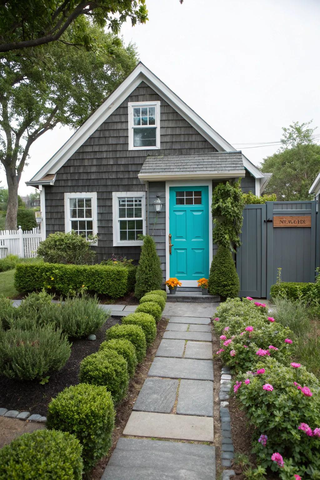 Graphite with a cerulean door for a dynamic, vibrant aesthetic.