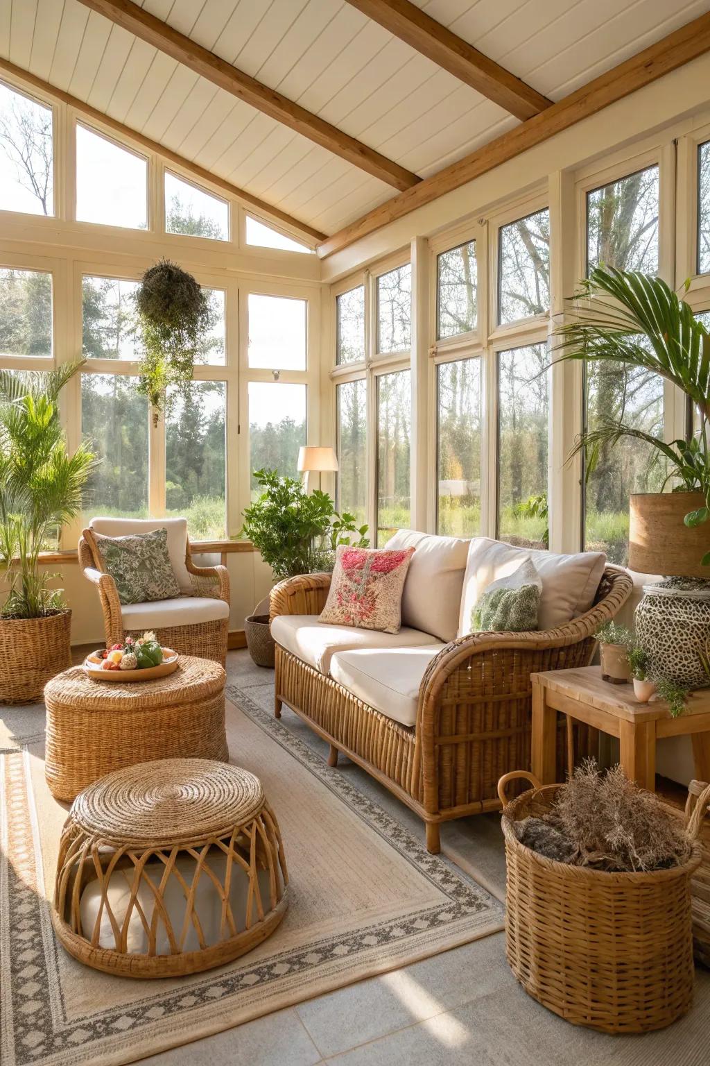 Timeless wicker furniture adds charm to this sunroom.