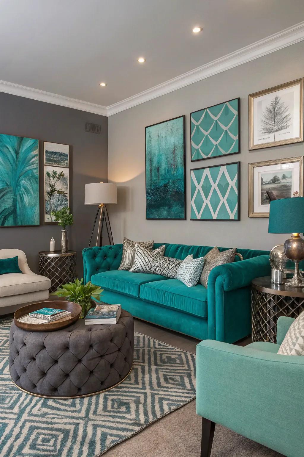 Artistic features in sea-green and gray add personality to the living room.