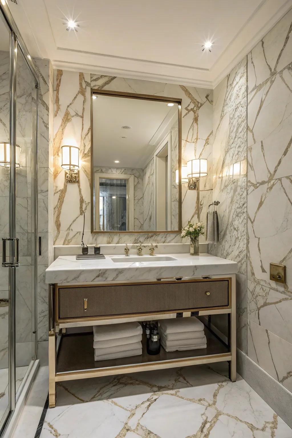 Marble effect wallcovering adds elegance to a bathroom.
