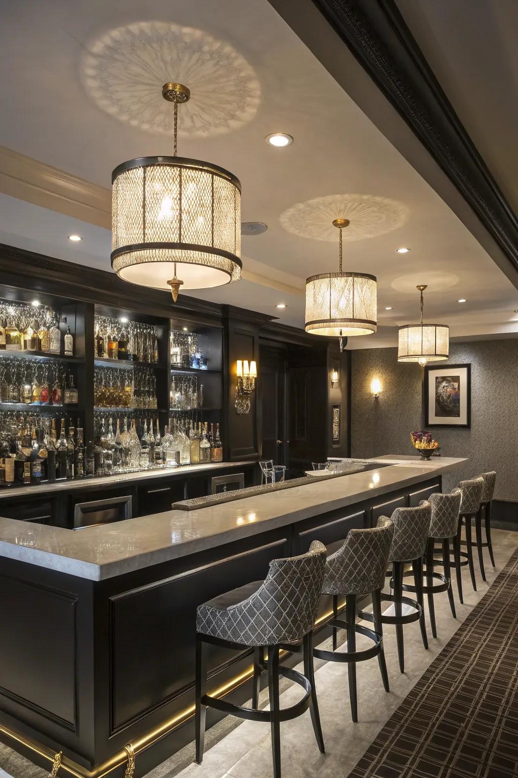Statement lighting adds drama to your modern wet bar.