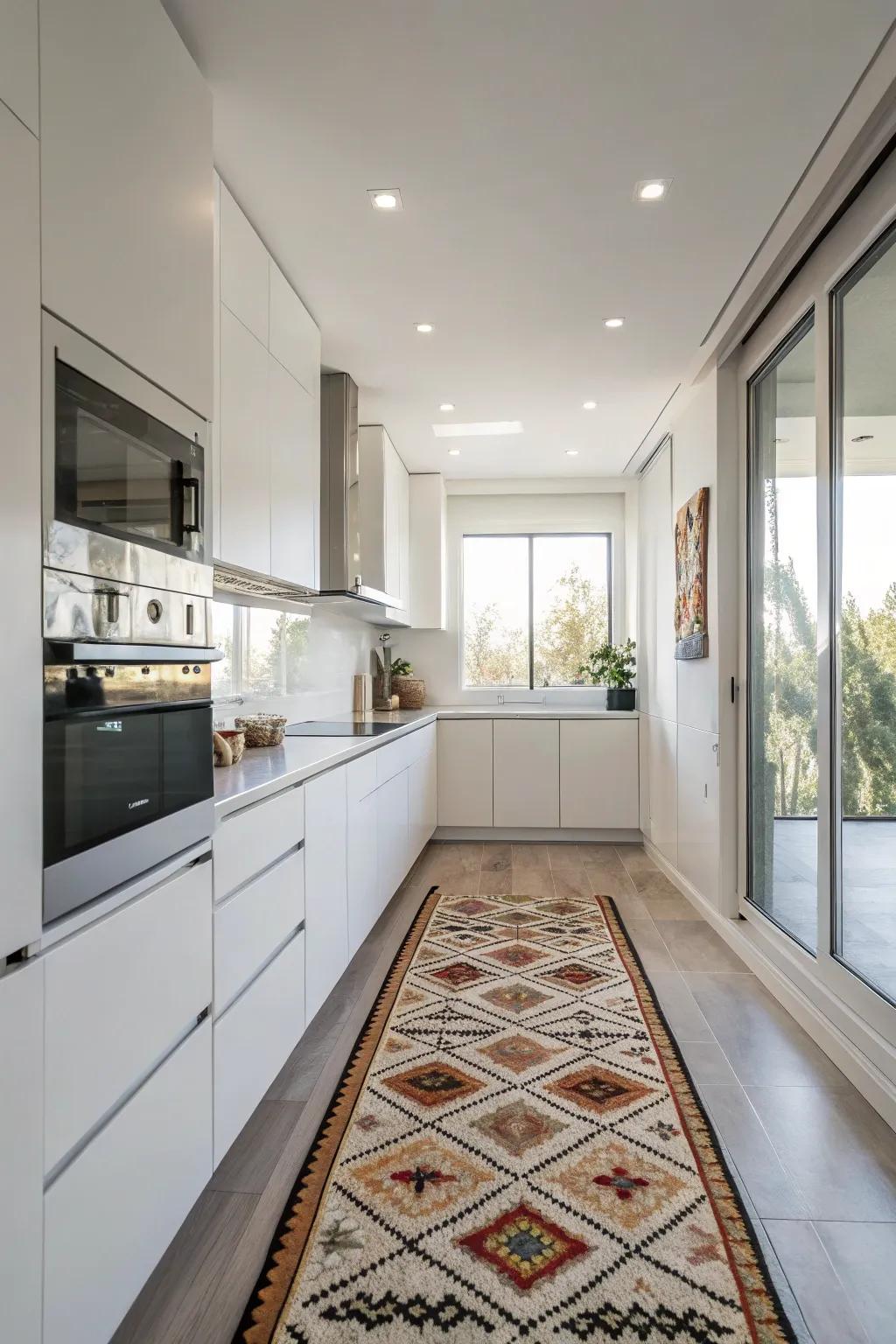 A stylish rug contributes warmth and personality to the kitchen.