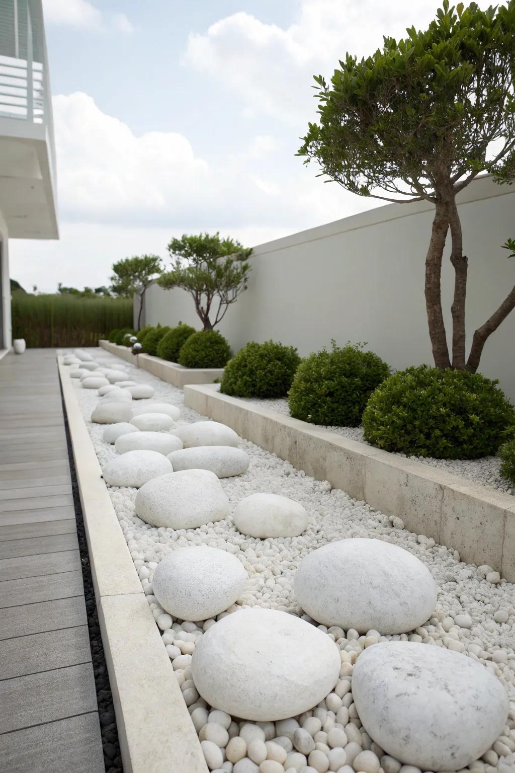 A minimalist garden design featuring white stones, creating a serene and uncluttered space.