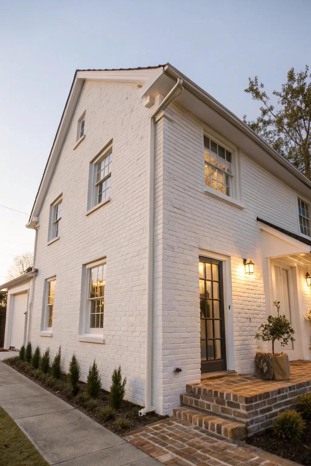 A soft, rustic charm achieved with limewashed brick on a modern white house.