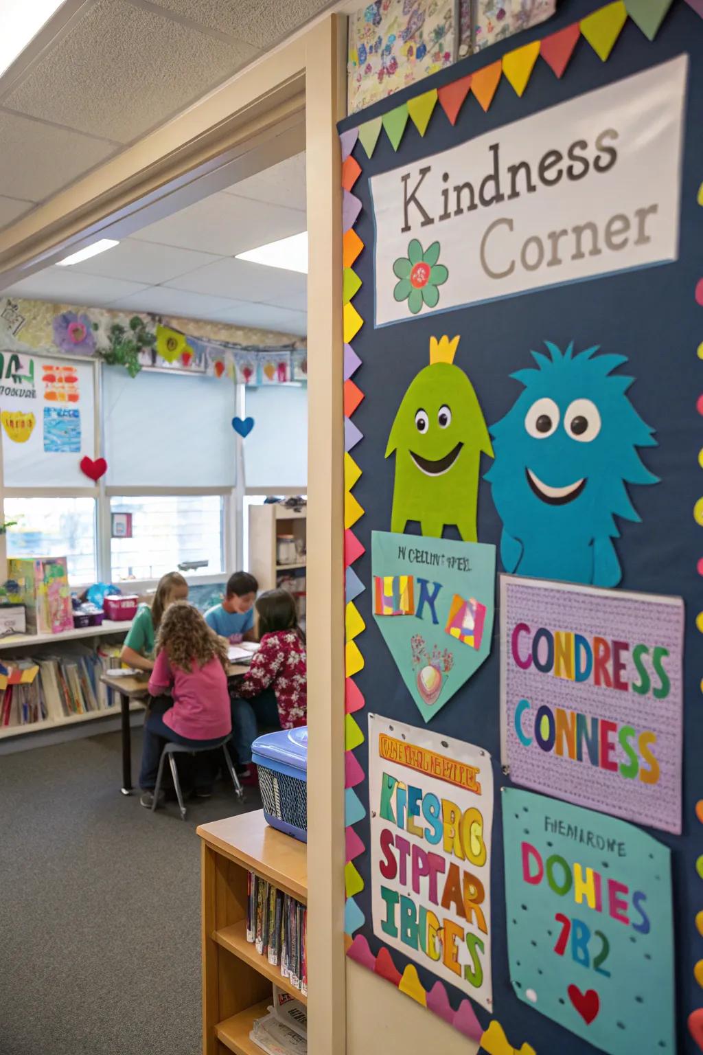 A kindness corner encouraging students to share and celebrate kind acts.