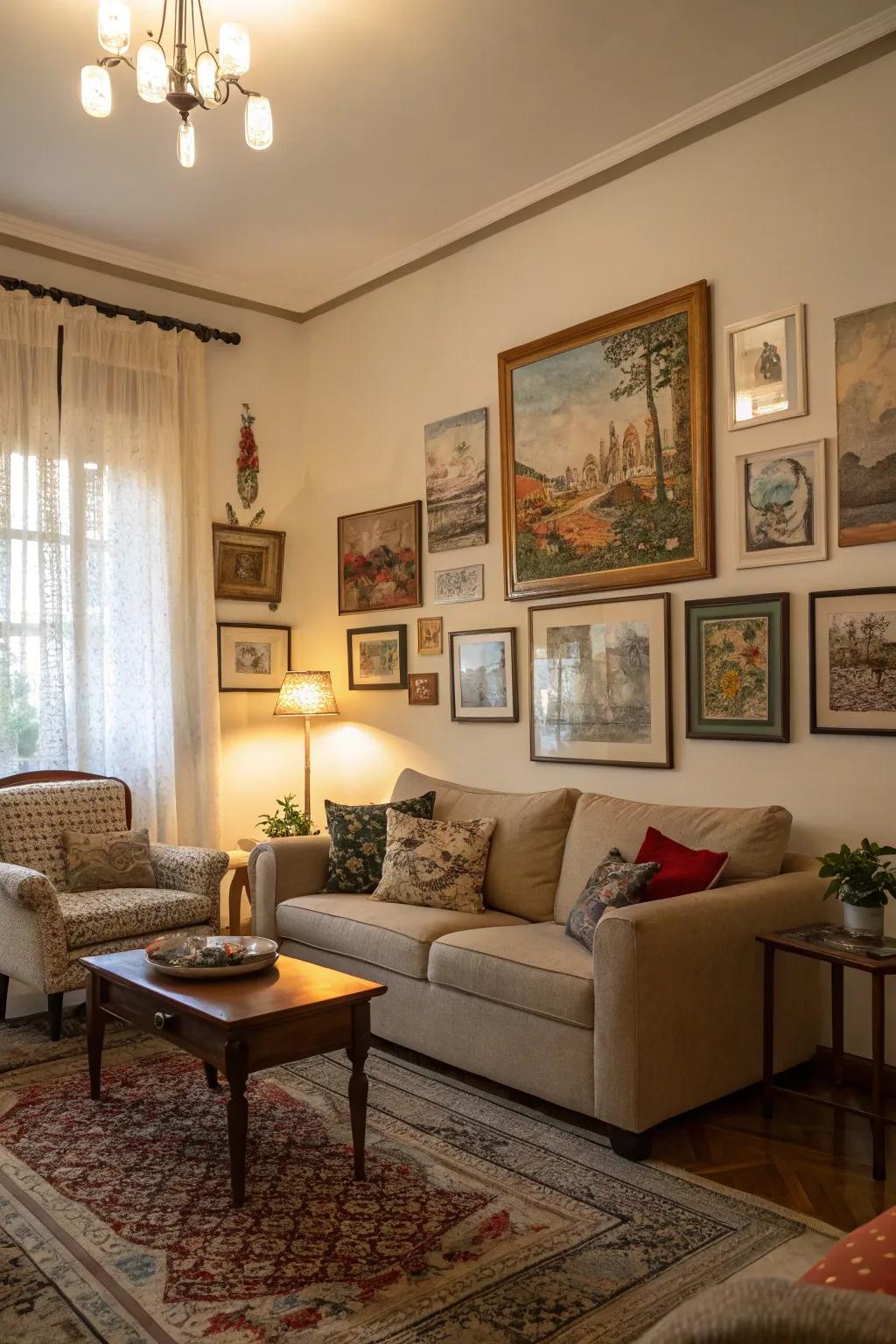 Layered art pieces introducing depth to a shadowy living area.